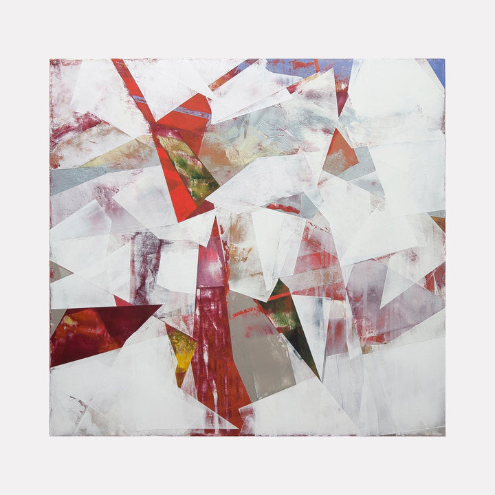 The artwork 'NP XVII' by Ken Schiano features dynamic geometric fragments in white, red, and subtle earth tones, composed through an abstract expressionist style. Angular shapes create a fractured composition with dramatic red streaks against a predominantly white background, executed in dry pigment and cold wax on canvas over panel.