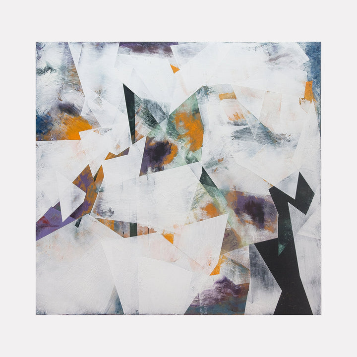 The artwork 'NP XVI' by Ken Schiano features abstract geometric shapes in white, black, and orange set against a textured background. Angular fragments create dynamic movement across the canvas, while cold wax technique adds depth and luminosity. Purple and teal accents emerge through layers of dry pigment, creating a sophisticated contemporary composition. By Ken Schiano.