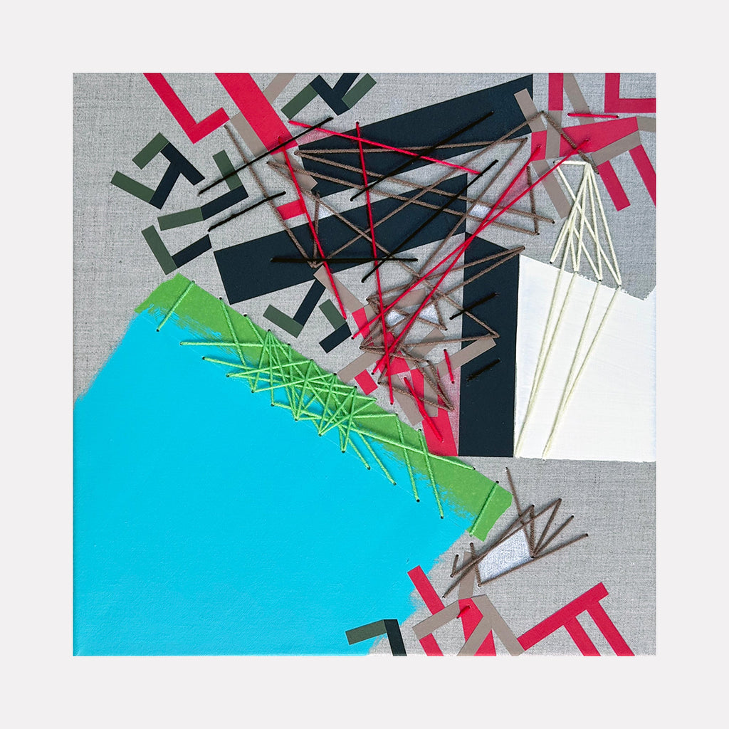 The artwork 'Nakkar Menndriis' by Philippe Halaburda features bold geometric abstract composition with vibrant turquoise, neon pink, and green elements. Angular shapes intersect with linear patterns created using yarn and tape, set against a gray canvas background. Mixed media artwork combining acrylic paint with textural elements in a contemporary urban style.