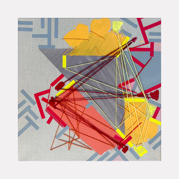 The artwork 'Needeen' by Philippe Halaburda features dynamic geometric shapes in vibrant yellow, coral, and gray tones, intersected by thin yarn lines creating a web-like pattern. Bold red angular forms and blue geometric patterns frame the composition, while adhesive tape adds textural elements to this 20x20 inch abstract acrylic painting. - Philippe Halaburda