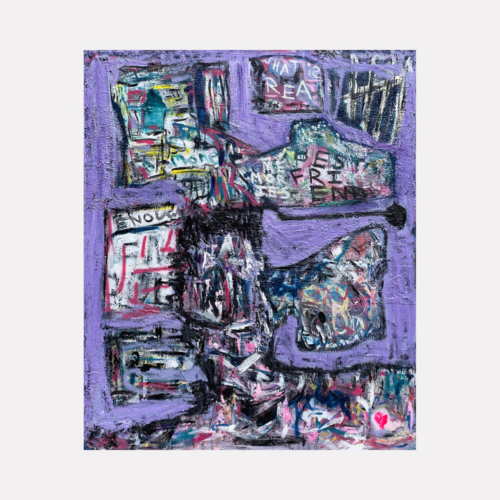 The artwork 'New Beginnings' by Jordan Barker features an abstract composition with bold geometric shapes against a vibrant purple background. A dynamic mix of black, turquoise, and pink brushstrokes create fragmented text-like elements throughout the canvas. The mixed media technique combines acrylic paint with textural elements, creating a raw, urban-inspired aesthetic.