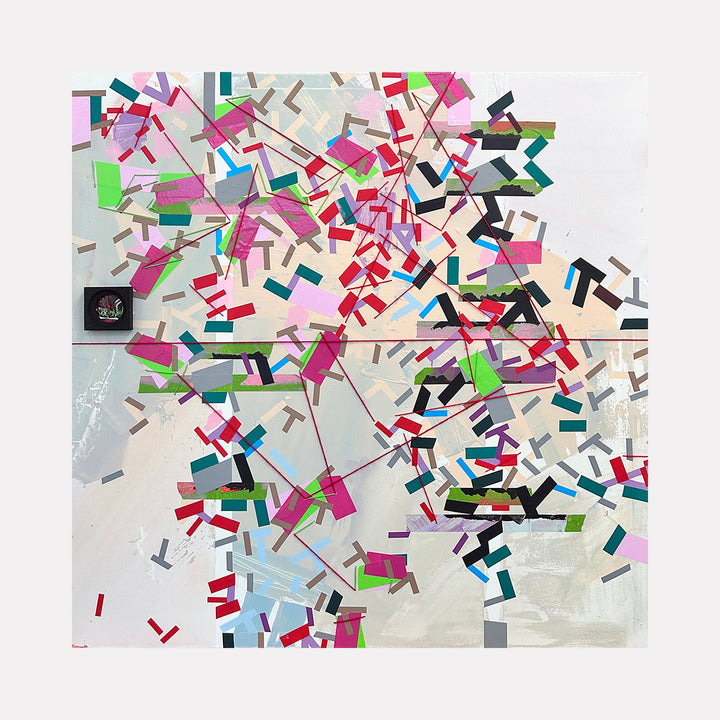 The artwork 'Noggeienn a gauche' by Philippe Halaburda features a dynamic abstract composition of scattered rectangular shapes in vibrant pink, green, red, and blue against a light background. The geometric elements appear to explode outward in a constellation-like pattern, creating movement and energy across the 48x48 inch mixed media canvas.