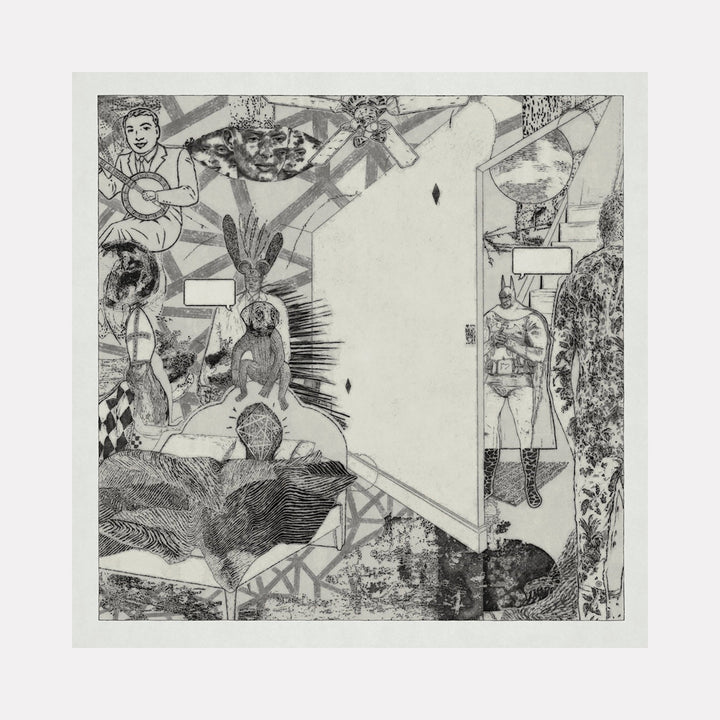 The artwork 'Nonidentical #1' features a dynamic black and white illustration combining geometric shapes with abstract figures. A central triangle dominates the composition, surrounded by intricate line drawings, textural elements, and fragmented scenes. The monochromatic piece showcases detailed cross-hatching and expressive mark-making on museum grade paper. By Steve Moors.