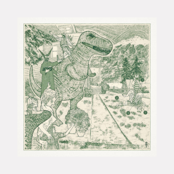 The artwork 'Nonidentical #3' by Steve Moors features a whimsical monochromatic green illustration depicting dinosaurs in a surreal landscape. The detailed line drawing shows T-Rex figures amid geometric shapes, trees, and abstract elements, creating a dreamlike scene. Printed on museum-grade paper at 40x40 inches. By Steve Moors.