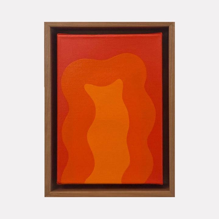 The artwork 'Orange Mini' by Shadia Sabagh features fluid, wave-like forms in vibrant orange and red hues on canvas. Abstract organic shapes create a dynamic vertical flow against a warm red background, framed in brown wood. The acrylic painting showcases a minimalist composition with seamless color gradients, part of the Energy of Color Mini Series.