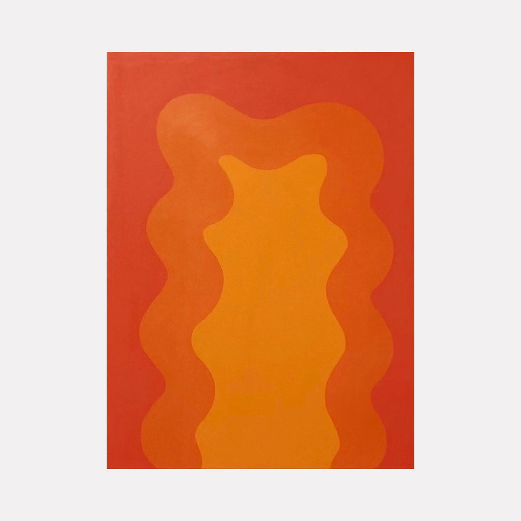 The artwork 'Orange' by Shadia Sabagh features abstract wavy patterns in vibrant orange hues. A central undulating form in bright orange is framed by deeper terracotta-colored curves, creating a mesmerizing rhythmic composition. Acrylic on canvas, this contemporary abstract piece measures 24x18 inches.