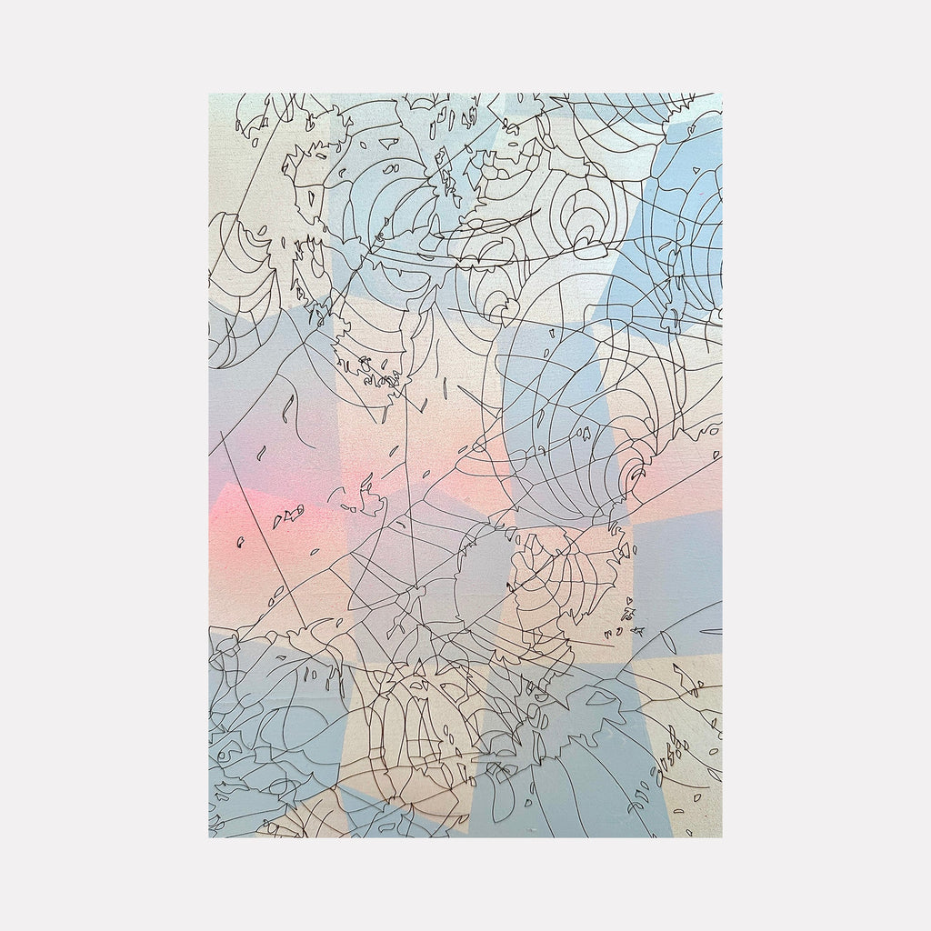 The artwork 'Ocean Hours' by Ann Tarantino features delicate laser-etched contour lines reminiscent of topographic maps, overlaid on a soft pastel background blending pink, blue, and cream hues. The intricate linear patterns create a flowing, wave-like movement across the acrylic panel, suggesting oceanic currents or atmospheric patterns.