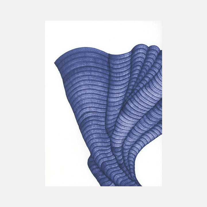 The artwork 'Ocean Shell' by Alina Glotova features a minimalistic ink marker drawing depicting an abstract seashell form in deep blue hues. The rippling, wave-like lines create a rhythmic pattern reminiscent of oceanic textures, showcasing detailed striations and curved contours against a clean white background. Print artwork, 40x30 inches by Alina Glotova.