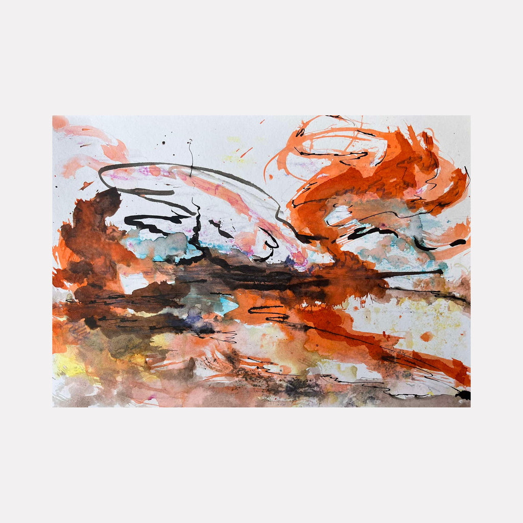 Outburst by Dionysia Adamopoulou features dynamic brushstrokes in orange and brown, creating an abstract landscape with fluid movement and energy