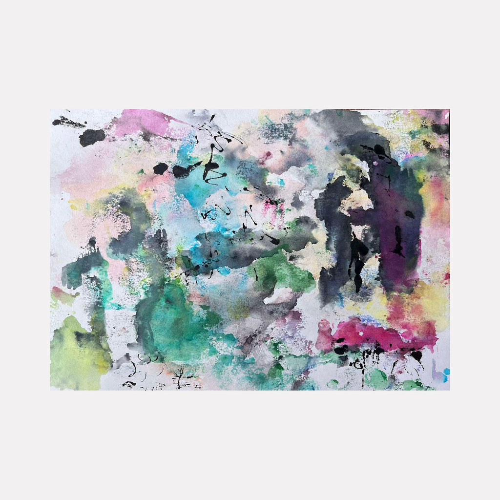 Passengers by Dionysia Adamopoulou: Abstract monotype featuring swirling emerald, turquoise, and pink watercolor splashes with dark contrasting shadows.