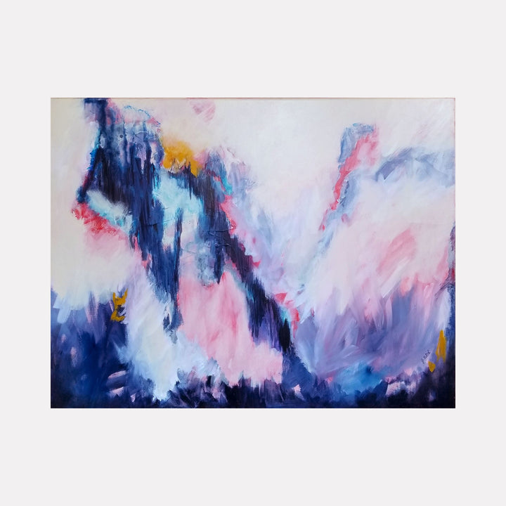 The artwork 'Passion's Pulse' by Janyce Erlich-Moss features dramatic abstract brushstrokes in deep navy blue contrasting with soft pink clouds, creating a dynamic movement across the canvas. Light turquoise and golden yellow accents add depth, while ethereal white spaces evoke an atmospheric dreamscape. The acrylic painting showcases bold textural elements and expressive gestural marks.