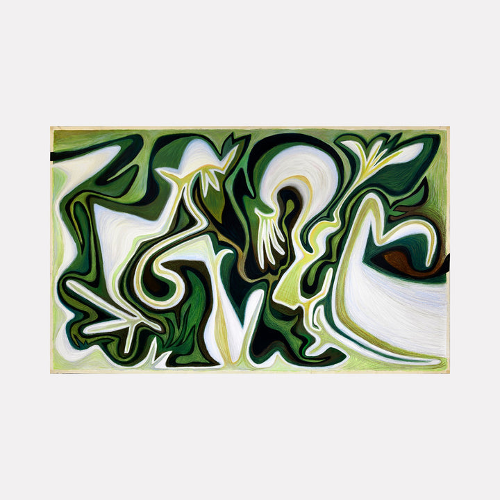 The artwork 'Pastoral State' by Jeff White features fluid, abstract forms in rich forest greens and crisp whites, creating dynamic swirling patterns reminiscent of organic vegetation. The composition showcases flowing lines and curved shapes executed in acrylic gouache and wax pastel, suggesting a modern interpretation of natural landscapes through abstract expressionism.