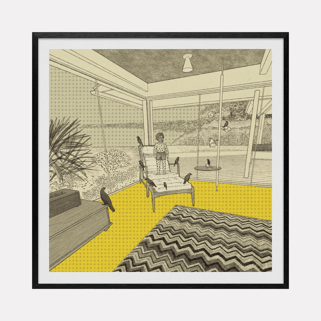 Pepper Boy by Steve Moors: Retro-style illustration of interior room with yellow floor, zigzag rug, and standing figure, rendered in monochromatic sketched style