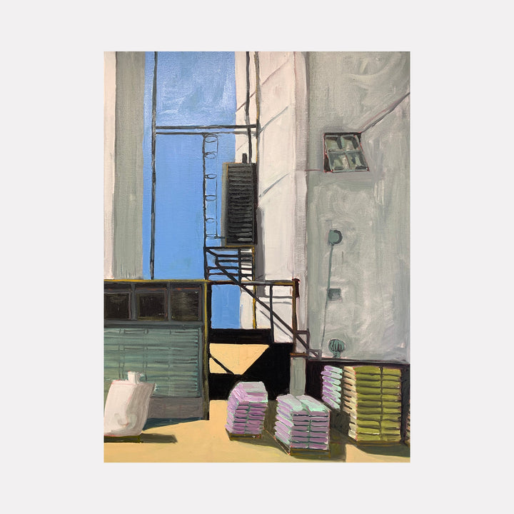 The artwork 'Petaluma Mills' by Roger McErlane depicts an industrial urban scene with a metal fire escape against a white building facade. Light blue sky peeks through, while stacked materials in soft pink and green tones rest at the building's base. The oil painting captures architectural details and industrial elements with precise brushwork and muted color palette. Oil on canvas, 30x24 inches, by Roger McErlane.