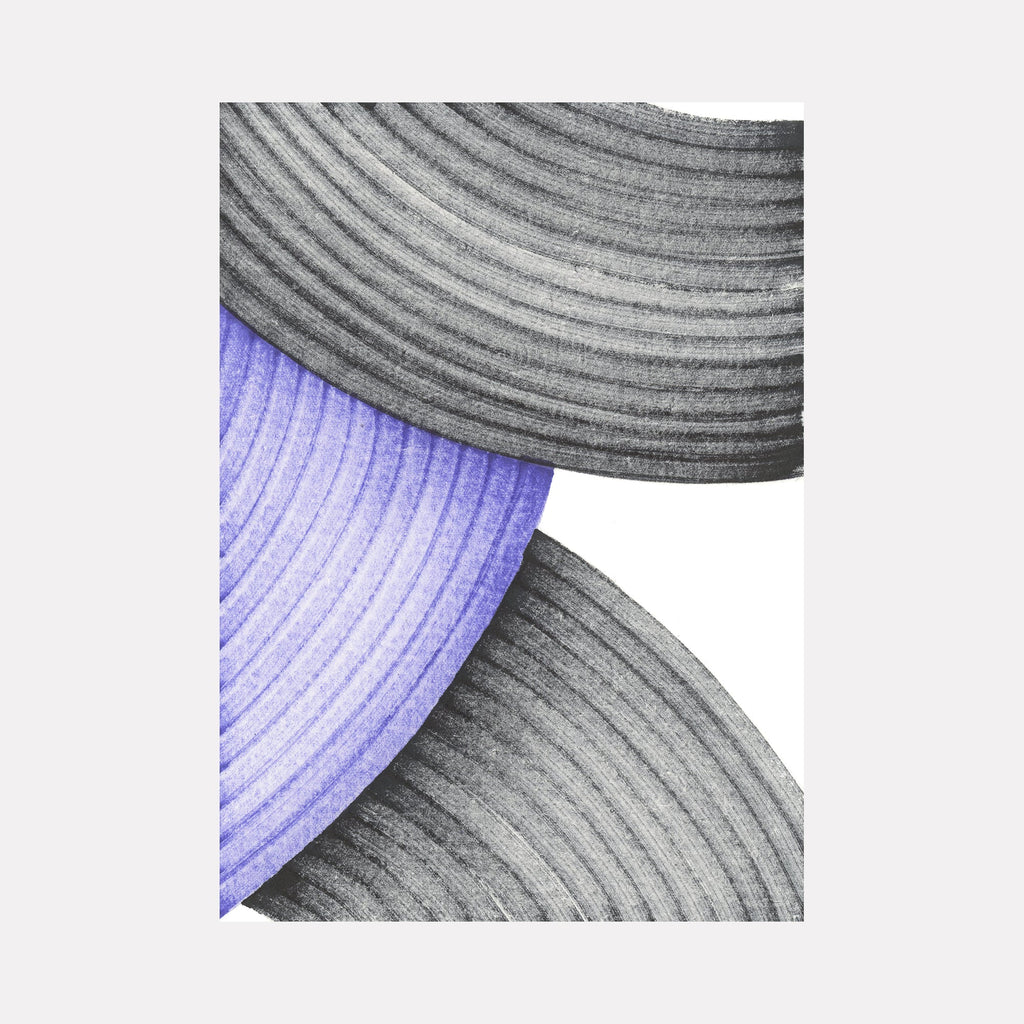 The artwork 'Petrichor' by Alina Glotova features a minimalist composition of curved, textured bands in monochromatic gray and soft lavender. The geometric shapes create a flowing, rhythmic pattern with parallel lines, showcasing a contemporary abstract design rendered in printInk marker on a white background, measuring 40 x 30 inches.