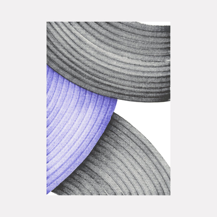 The artwork 'Petrichor' by Alina Glotova features a minimalist composition of curved, textured bands in monochromatic gray and soft lavender. The geometric shapes create a flowing, rhythmic pattern with parallel lines, showcasing a contemporary abstract design rendered in printInk marker on a white background, measuring 40 x 30 inches.