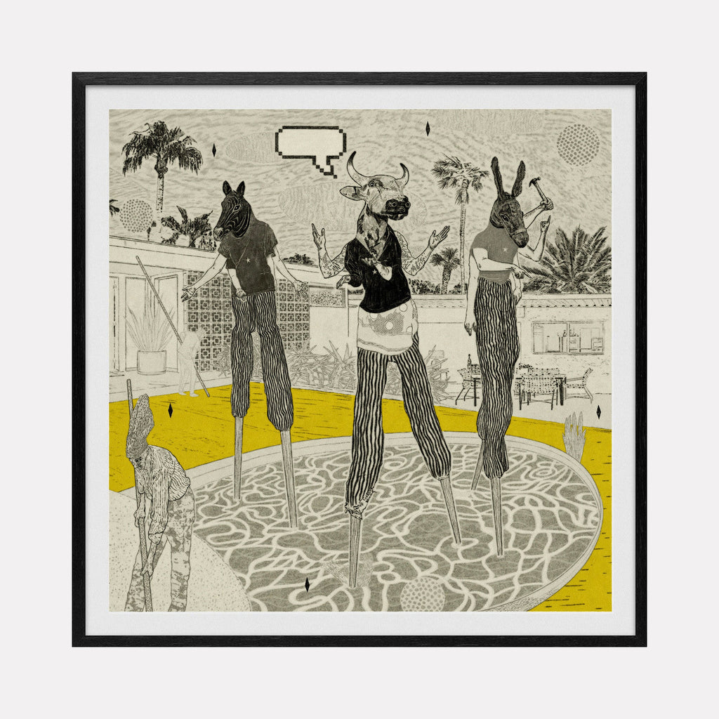 Pool Party 2 by Steve Moors features anthropomorphic figures on stilts in striped pants against a tropical setting with palm trees and geometric patterns