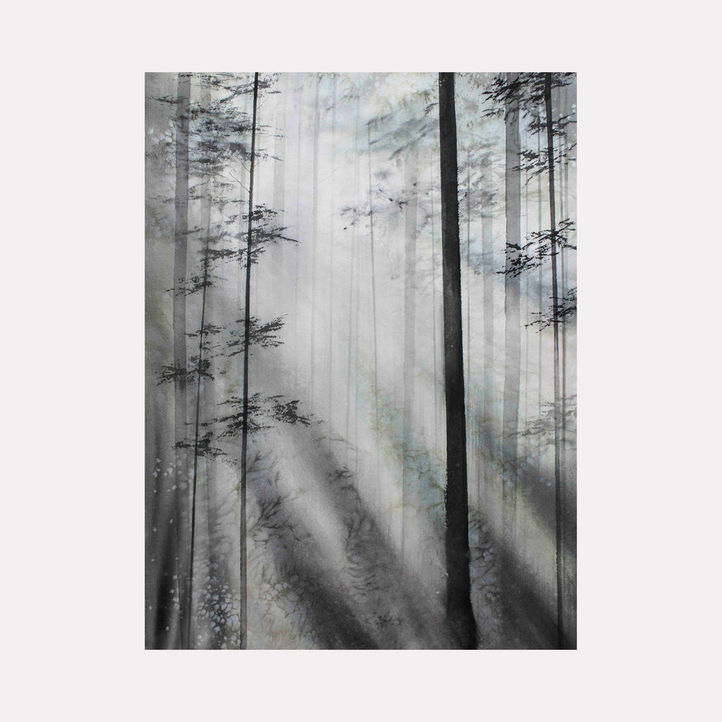 Radiance by Catherine Lencke: Misty forest watercolor with sunbeams piercing through tall pine trees, creating ethereal light in monochrome tones