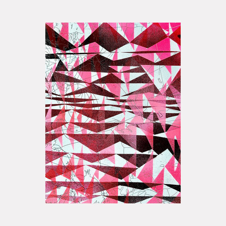 The artwork 'Rain Date' by Ann Tarantino features dynamic geometric patterns in vibrant pink and deep burgundy tones against a white background. Abstract triangular shapes create a fragmented, crystalline effect across the laser-etched panel, with intricate line work resembling rainfall patterns. The acrylic medium adds depth and texture to the 12x9 inch contemporary composition by Ann Tarantino.