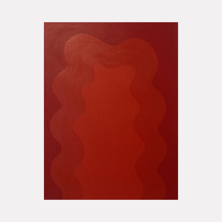 The artwork 'Red' by Shadia Sabagh features a monochromatic composition in deep crimson tones, with flowing wavy patterns creating subtle depth and movement. Abstract undulating forms in varying shades of red blend seamlessly across the acrylic canvas, embodying the Energy of Color series with its fluid organic design. 24x18 inches acrylic painting by Shadia Sabagh.