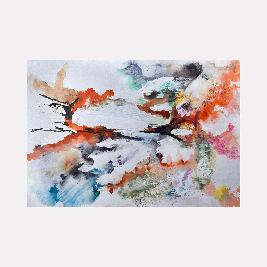 Relief by Dionysia Adamopoulou: Abstract mixed media artwork featuring dynamic watercolor splashes in orange, teal, and black with fluid motions on white paper