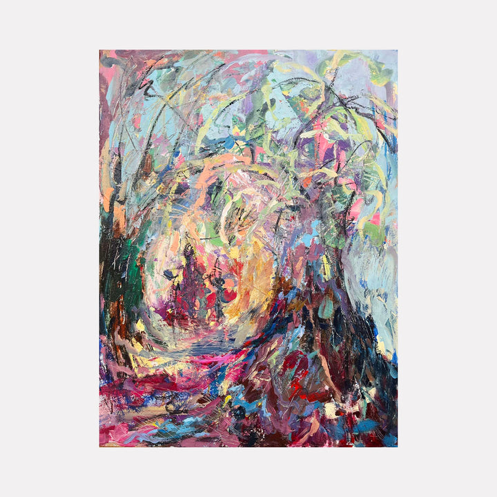 Abstract artwork 'Roots' features swirling brushstrokes in vibrant pinks, blues, and greens, creating dynamic movement on canvas by Dionysia Adamopoulou