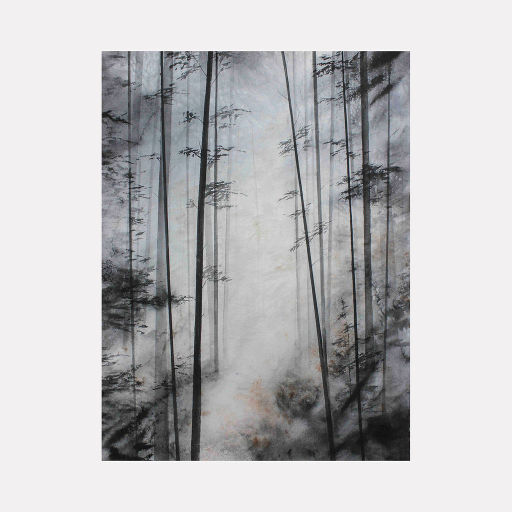 Sacred Path by Catherine Lencke: Misty forest watercolor with tall dark trees in ethereal gray tones, creating mystical woodland atmosphere