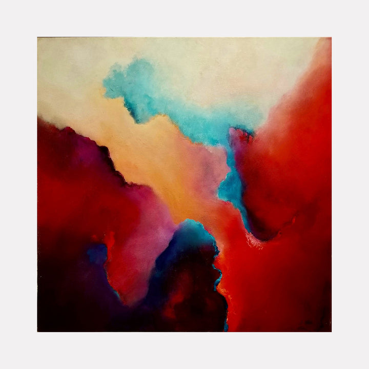 The artwork 'Serene Soul' by Janyce Erlich-Moss features vibrant abstract fluid forms in bold crimson red, turquoise blue, and warm peach tones. The acrylic painting showcases organic watercolor-like effects with dramatic color transitions and flowing shapes, creating a dreamlike atmospheric composition on canvas.