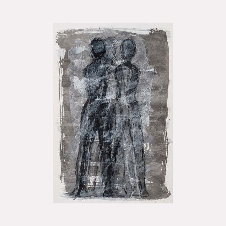 The artwork 'Shook' by AnkI King features two abstract figures rendered in moody charcoal and grey tones. The ethereal figures appear to stand close together against a textured taupe background, created using mixed media techniques on paper. The brushwork is expressive and atmospheric, with ghostly white highlights adding depth to the composition.