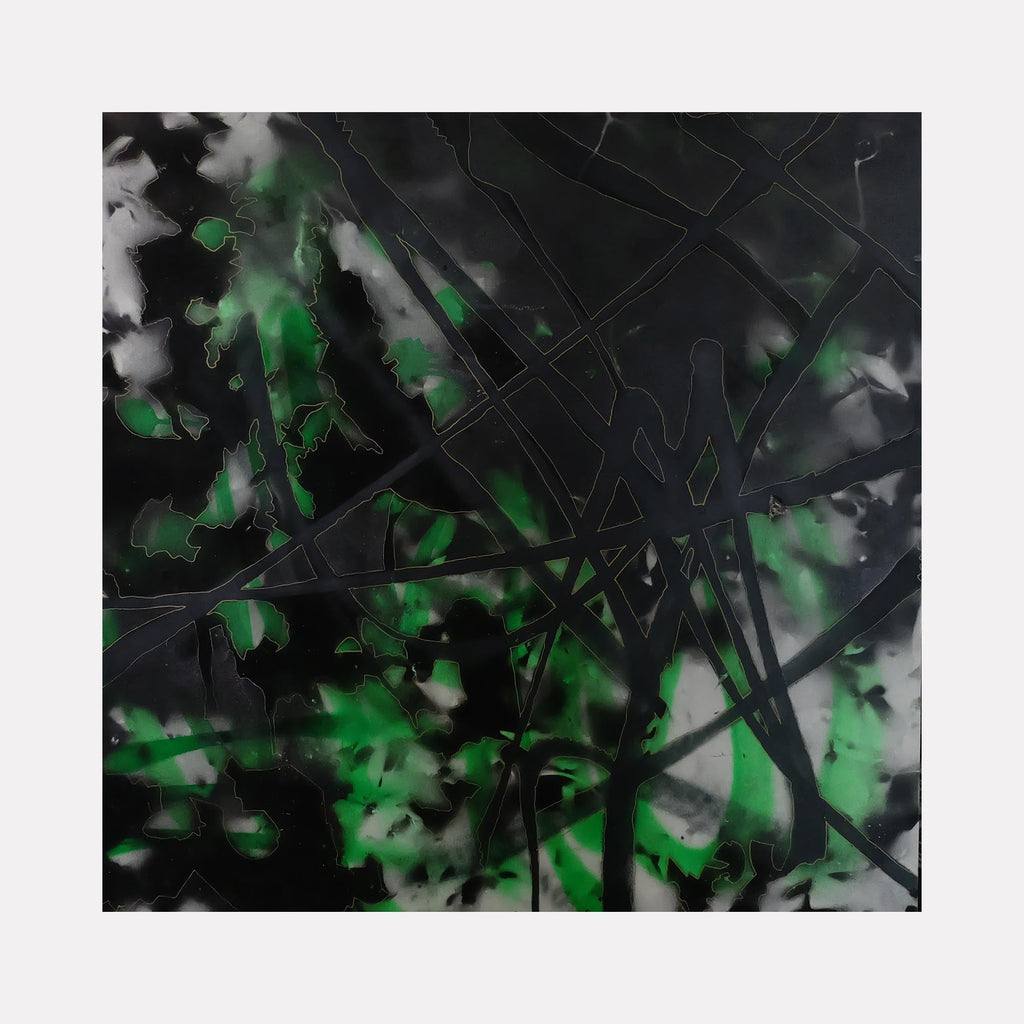 The artwork 'Six Realms of Existence' by Devin Ruiz features an abstract composition of intersecting black lines against a mystical blend of emerald green and misty white elements. The mixed media canvas creates a dynamic interplay of dark shadows and luminous spaces, suggesting a forest-like depth through overlapping geometric patterns and ethereal textures.