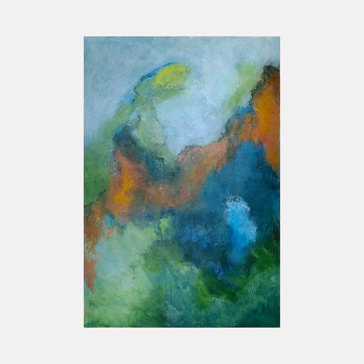 The artwork 'Soft Murmur' by Janyce Erlich-Moss features abstract expressionist brushstrokes blending deep oceanic blues, earthy oranges, and verdant greens. The acrylic painting creates a dreamlike landscape with ethereal cloud-like formations, displaying a harmonious interplay of cool and warm tones across the canvas.