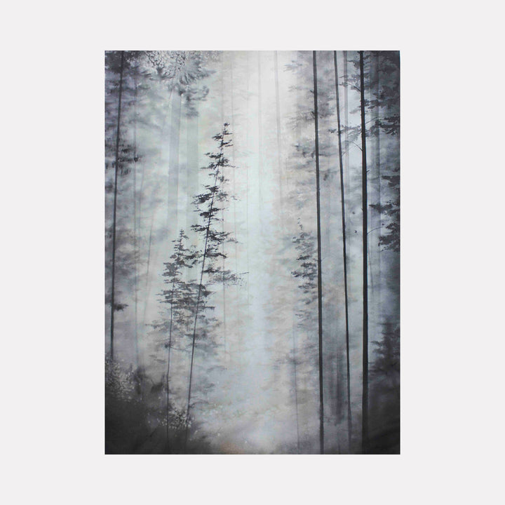 Softly Spoken by Catherine Lencke: Misty forest watercolor with tall pine trees in ethereal greys and whites, creating a serene woodland scene