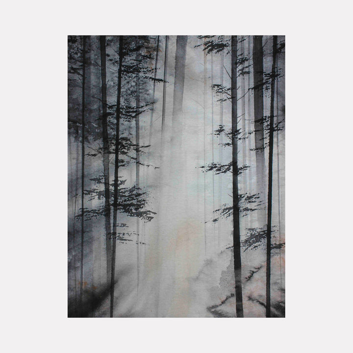 Songs of the Woodland by Catherine Lencke depicts misty forest with tall pine trees in moody watercolor, creating ethereal atmosphere in gray tones