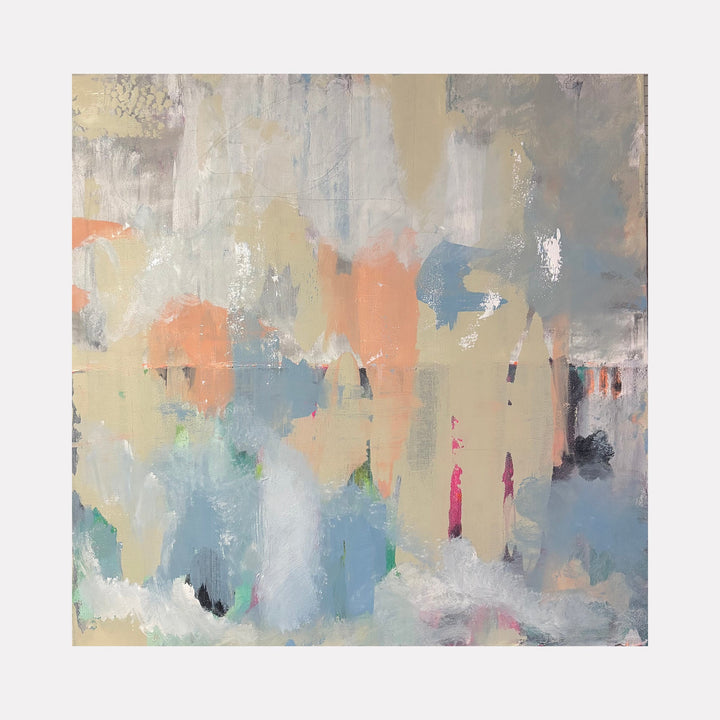 The artwork 'Spring's Meadow' by Tammy Kushnir features an abstract landscape in soft pastel hues. Gentle brushstrokes blend cream, peach, and powder blue tones, creating a dreamy atmospheric effect. Textured layers of mixed media suggest a misty spring morning, with subtle hints of pink and sage green emerging through ethereal washes. The composition's delicate balance evokes a serene, naturalistic mood.