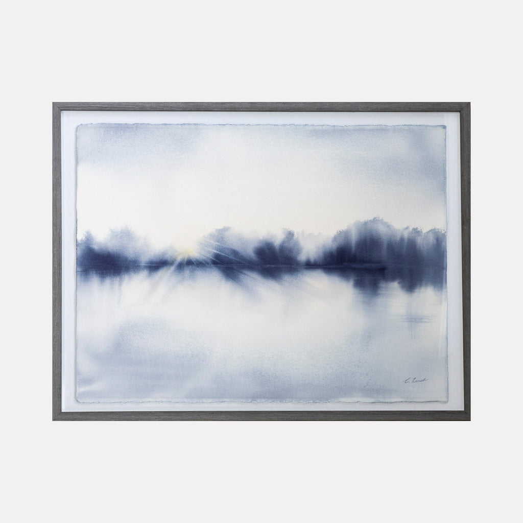 Still Waters by Catherine Lencke: tranquil watercolor landscape with misty navy blue treeline reflecting on calm lake in soft gray tones