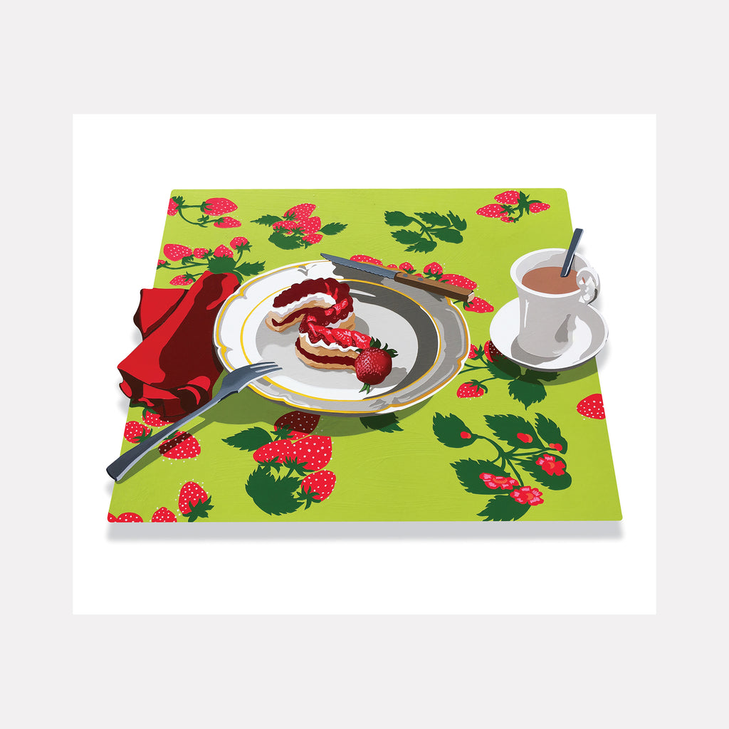 The artwork 'Eating Animals: Strawberry Short Snake' by Lori Larusso depicts a partially eaten snake-shaped dessert on a white plate against a vibrant lime-green tablecloth with red strawberry print pattern. A red napkin and coffee cup with spoon complete the modern pop art composition rendered in acrylic on polymetal panel.