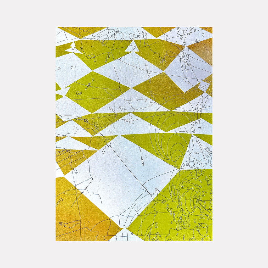 The artwork 'Sunday Monday' by Ann Tarantino features an abstract geometric composition with intersecting chartreuse and white diamond shapes, enhanced by delicate etched line work on a laser-etched panel. The dynamic pattern creates a striking contrast between bold color blocks and intricate linear details, executed in acrylic on a 12x9 inch surface.