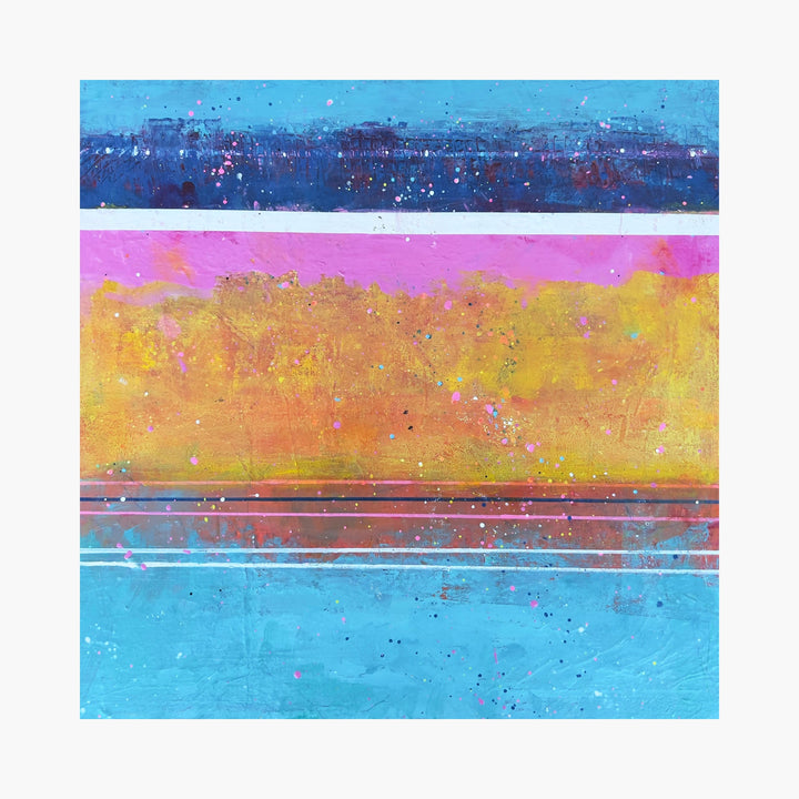 The artwork 'Sunset Sparkles' by Karen L. Burns features vibrant horizontal bands of color, with a golden yellow center transitioning to turquoise blue waters. Abstract splatter techniques create a textured, shimmering effect across the acrylic painting, evoking a dreamy coastal sunset. Delicate pink undertones and white speckles add depth and luminosity to this 16x16 inch mixed media piece.