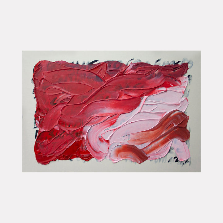 The artwork 'Suspiro 611' by Carin Kulb Dangot features dynamic brushstrokes in shades of deep crimson and soft pink, creating abstract waves and swirls with thick, textured acrylic paint. The composition shows a bold interplay of light and dark reds, with expressive impasto technique against a neutral background.