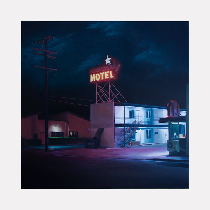 The artwork 'Thunderbird' by Alex Devereux captures a nostalgic nighttime scene of a vintage motel with a glowing neon sign topped by a star. The 24x24 acrylic painting features deep blue nighttime sky, illuminated pink-red signage, and a two-story white motel structure with exterior stairs. Dramatic urban lighting creates mysterious shadows and neon reflections across the building's facade.