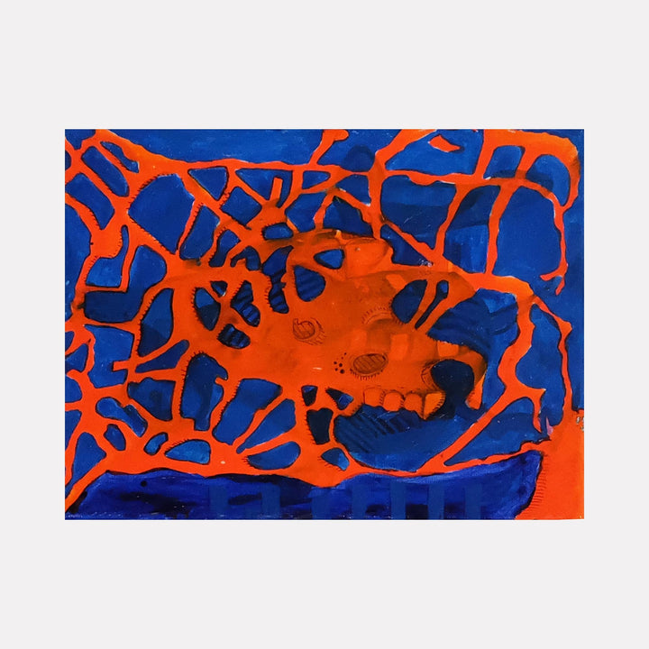 The artwork 'The Bones of Orange Luminescence' by Devin Ruiz features vibrant orange web-like patterns sprawling across a deep cobalt blue background. Abstract organic shapes create a network of intricate pathways, resembling skeletal structures or coral formations. The acrylic painting on canvas showcases a striking contrast between warm and cool tones.