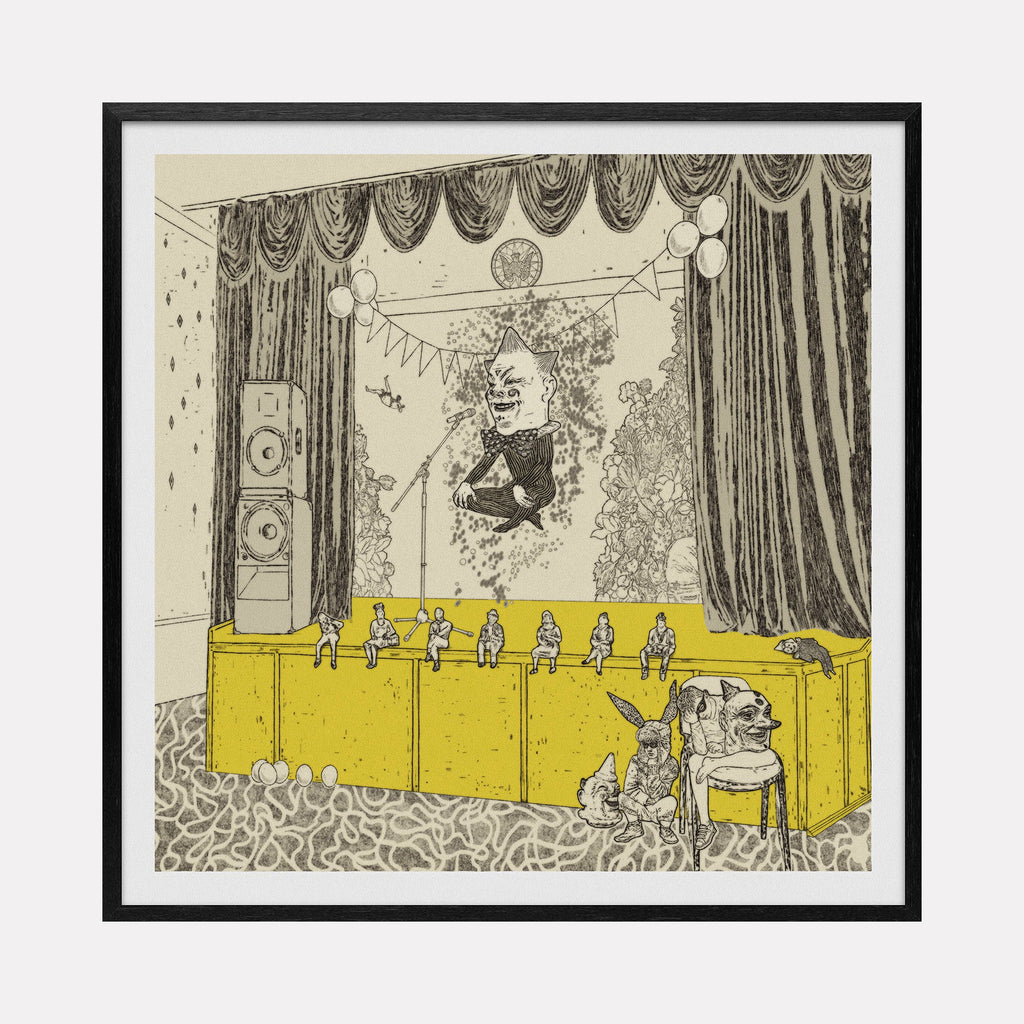 The Audition by Steve Moors depicts a theatrical stage with draped curtains, yellow barriers, and performing figures in monochromatic sketch style