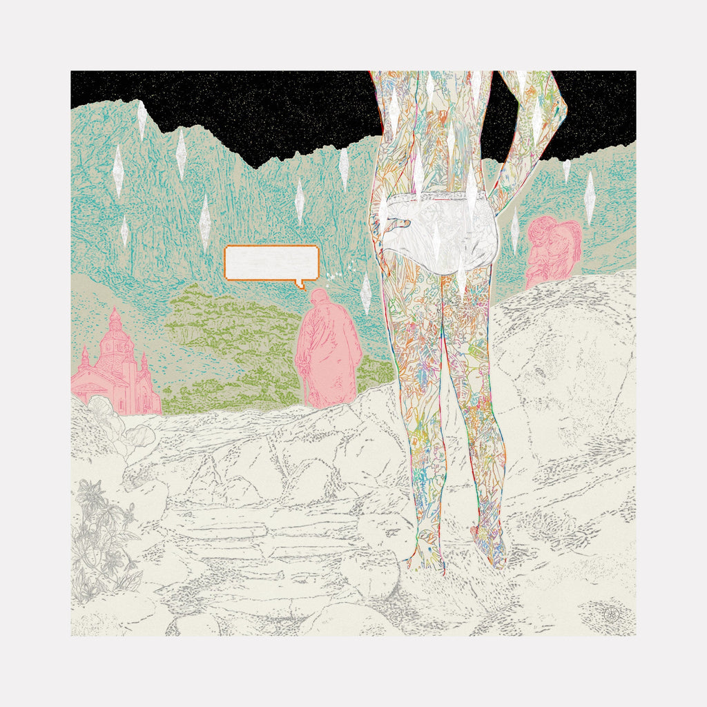 The artwork 'The Observed Pilgrim' by Steve Moors features delicate floral-patterned legs against a dreamy landscape with mint green skies and soft pink rock formations. The digital illustration combines ethereal pastels with detailed line work, creating a surreal atmospheric scene on museum-grade paper mounted on alu-dibond. By Steve Moors.