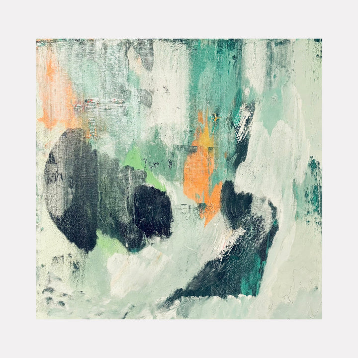 The artwork 'The World Keeps Turning' by Tammy Kushnir features an abstract mixed media composition with dynamic brushstrokes in teal, peach, and sage green. Dark navy forms create depth against a misty white background, while textured layers and gestural marks suggest movement and emotional energy in this 24x24 inch piece.