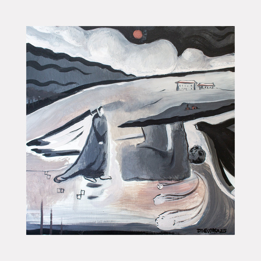 The Benefactor The Abdicator: Abstract tempera painting with ethereal figures in gray landscape under cloudy sky - by Dara Theodora