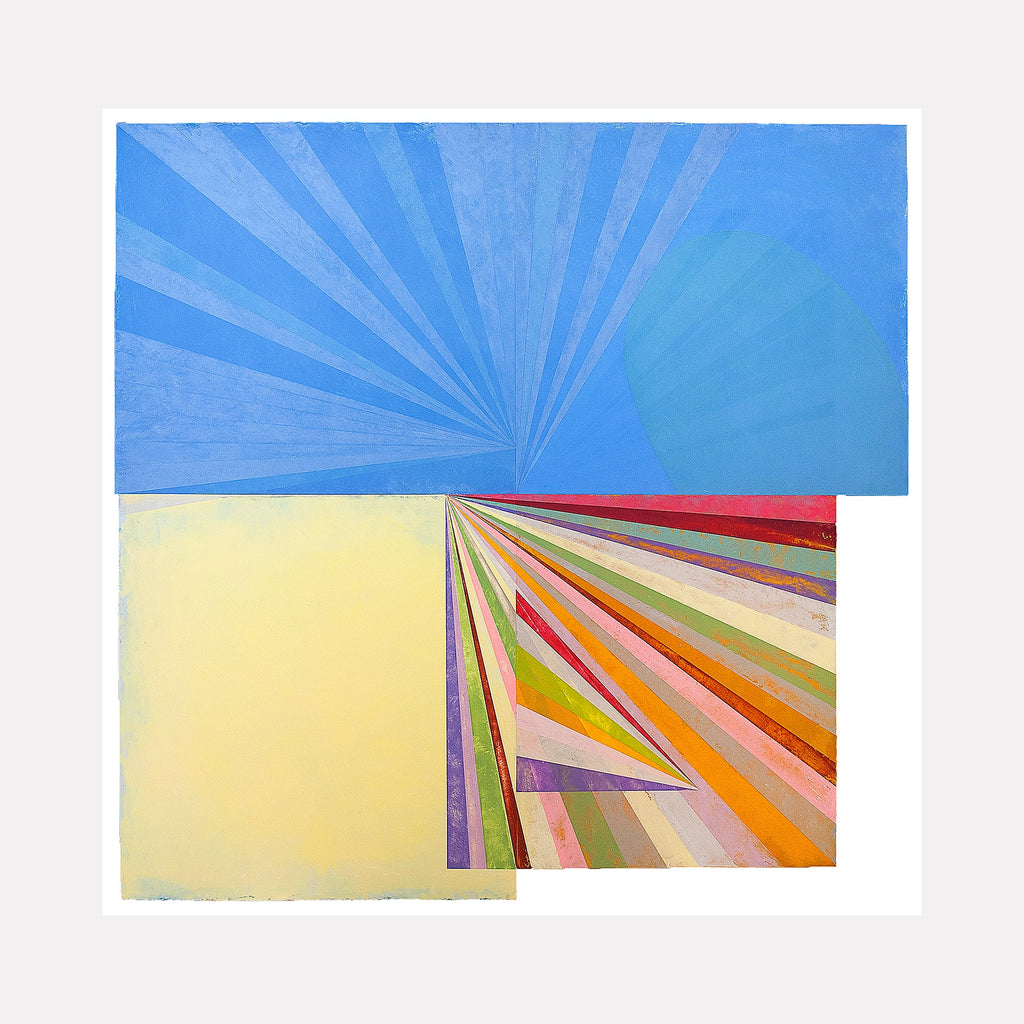 The artwork 'Toot' by Ken Schiano features a dynamic geometric composition split horizontally, with radiating blue rays against a sky-blue background in the upper half, and multicolored diagonal stripes in warm hues of red, orange, yellow, and pink against a cream-colored block in the lower half, created using dry pigment and cold wax on panel