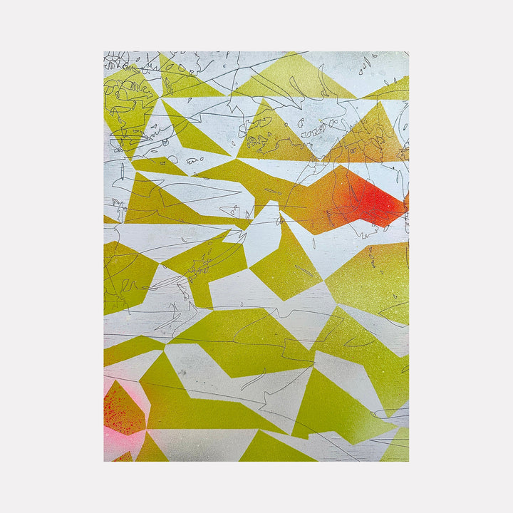 The artwork 'Top Flag' by Ann Tarantino features an abstract geometric composition of angular shapes in chartreuse green and coral orange tones on a white background. Laser-etched lines create delicate textures across fragmented triangular forms, suggesting a deconstructed landscape. Acrylic paint on laser-etched panel, 12x9 inches by Ann Tarantino.