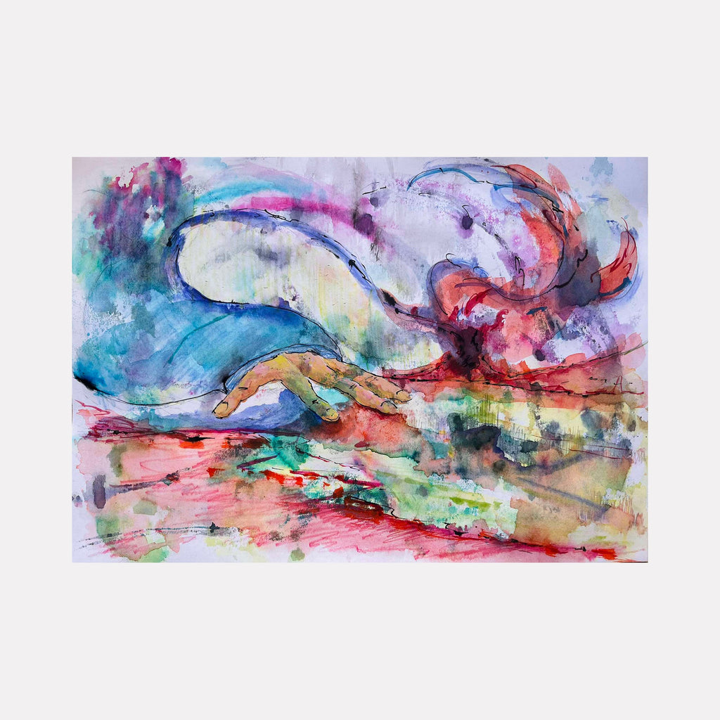 Touching the Unknown by Dionysia Adamopoulou: Abstract watercolor with flowing curves in turquoise, pink and coral, expressing fluid motion