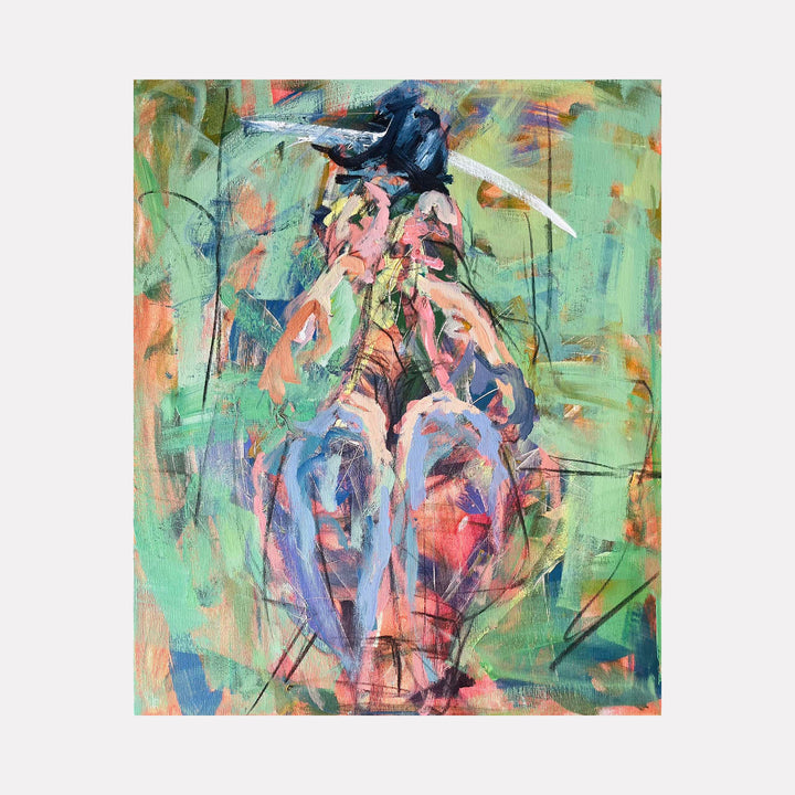 The artwork 'Traumatized' by Dionysia Adamopoulou features expressive brushstrokes in green, pink and blue tones depicting an abstract figure against a vibrant background