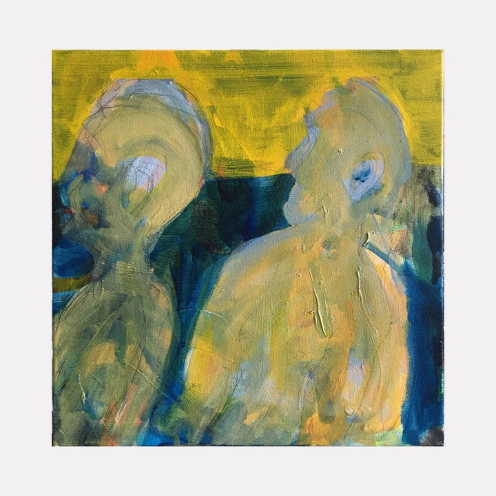 The artwork 'Two Gentlemen 1920' by Owen Brown features an expressionist painting of two abstract figures rendered in muted greens and yellows against a vibrant mustard background. Bold brushstrokes and textural acrylic paint create a moody, atmospheric composition with deep blue undertones. 18x18 inches canvas by Owen Brown.